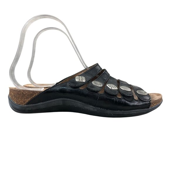 Dansko Womens Size 38 (7.5-8) Janie Black Leather Open Toe Strappy Slide Sandals - Picture 1 of 15